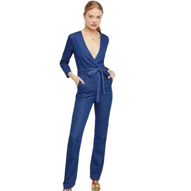 Free People X 3x1 Wrap Moxy Jumpsuit Straight Leg Belted Denim Long Sleeve Blue